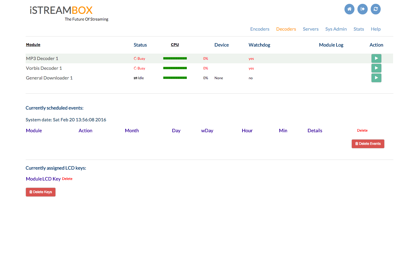 iStreamBox Admin Dashboard Decoders screen