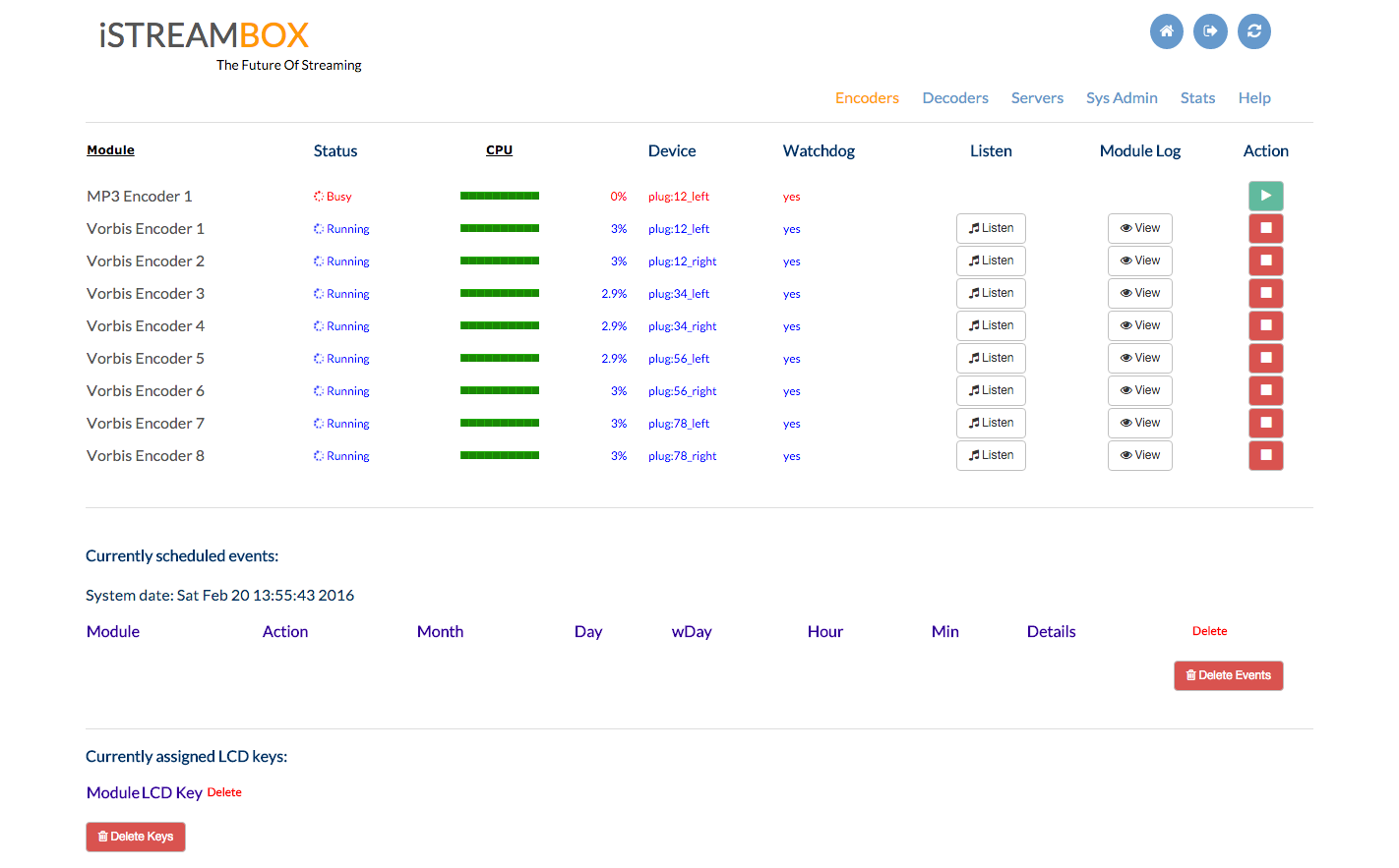 iStreamBox Admin Dashboard Encoders screen