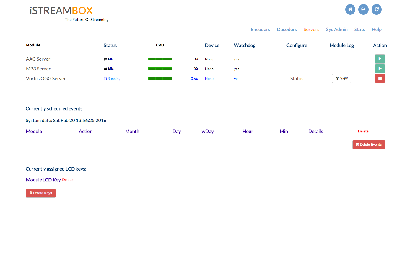 iStreamBox Admin Dashboard Servers screen