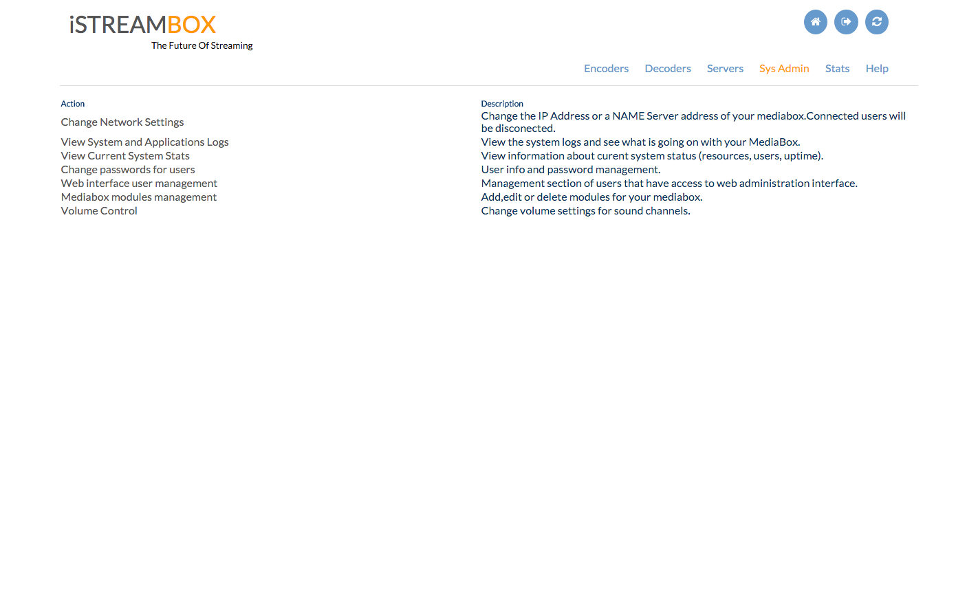 iStreamBox Admin Dashboard SysAdmin screen